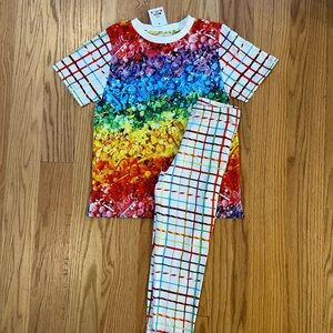 Kids Rainbow Graphic Matching Set - Colorful Grid Tee & Leggings